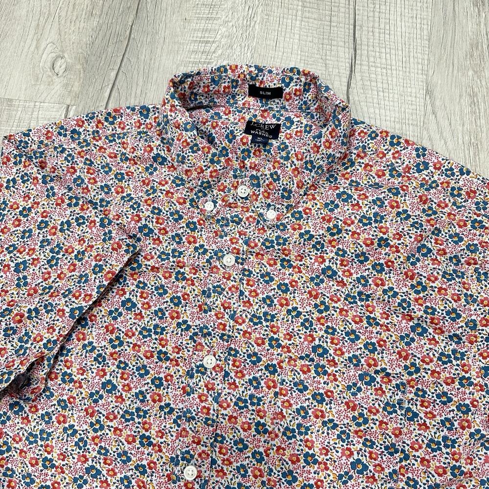 J Crew Shirt Mens XL Pink Slim Fit Floral Flex Washed Button Down Short Sleeve